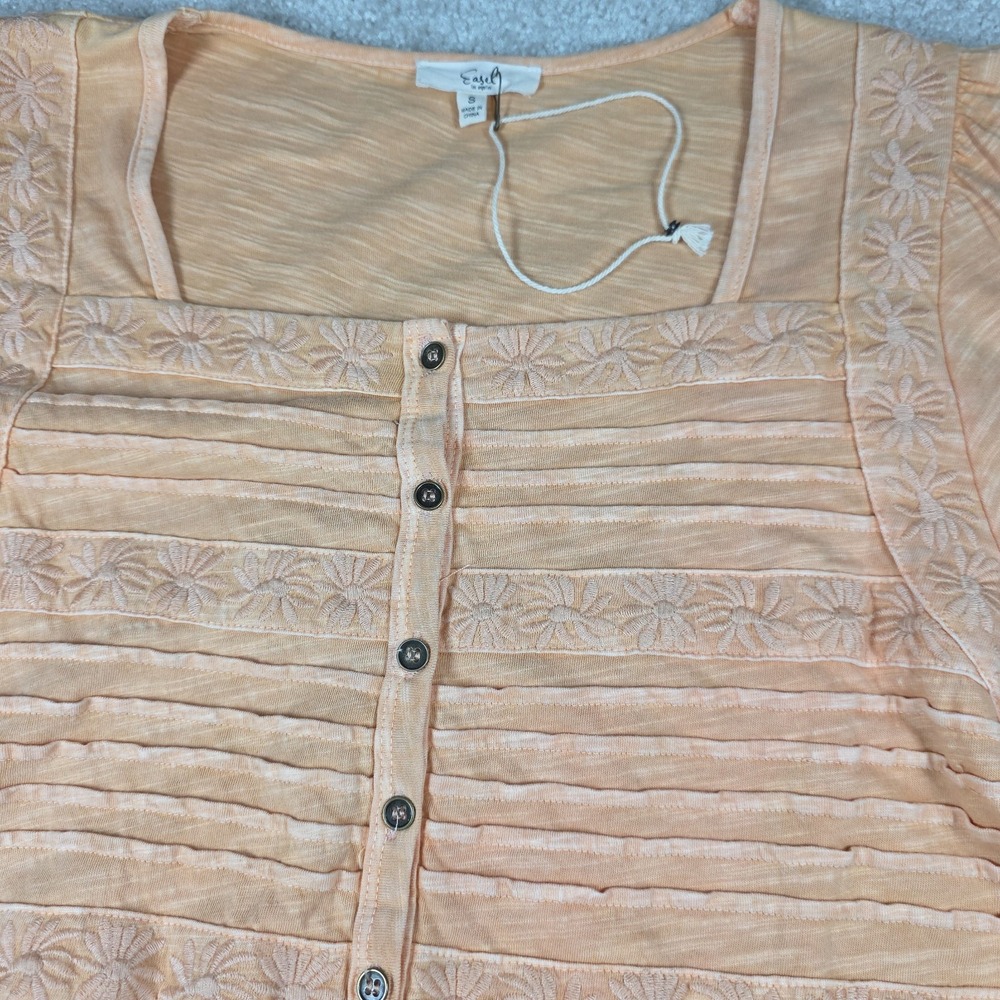 Easel Peplum Blouse Womens Small Peach Embroidered Square Neck Long Sleeve Top